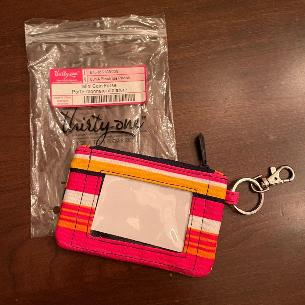 thirty-one Pink Orange Yellow Striped Mini Coin Purse Keychain